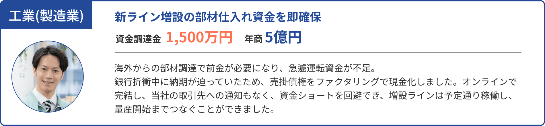 新ライン増設の部材仕入れ資金を即確保